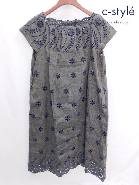 45R フォーティーファイブアール レースワンピース 0 グレー リネン コットン 花 刺繍