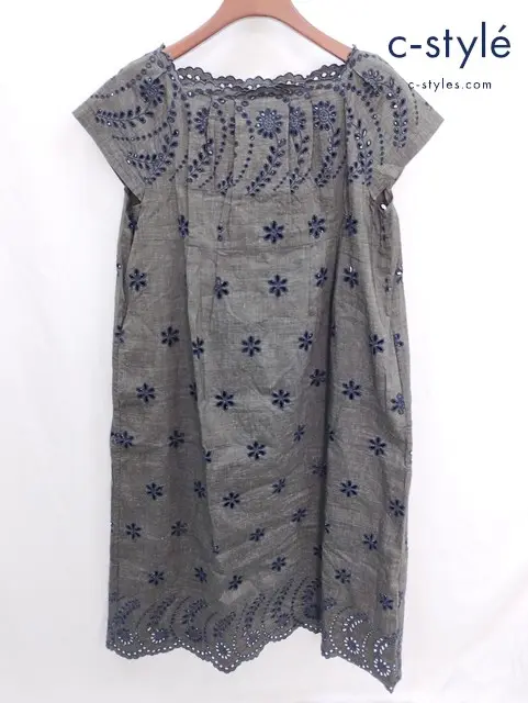 45R フォーティーファイブアール レースワンピース 0 グレー リネン コットン 花 刺繍
