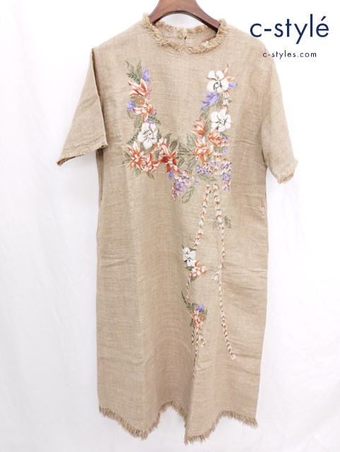 45R フォーティーファイブアール ギマツイードのレイレイ刺繍ドレス ベージュ リネン コットン 花
