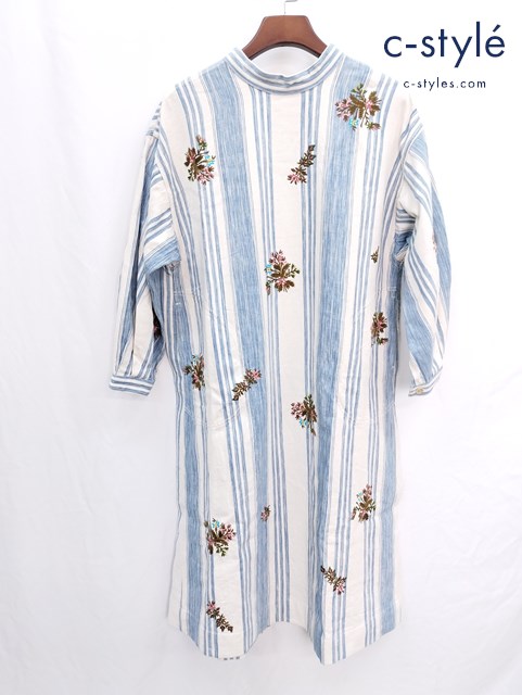 45R フォーティーファイブアール カディチノヒッコリーの刺繍ドレス ホワイト×ブルー 花 コットン ワンピース