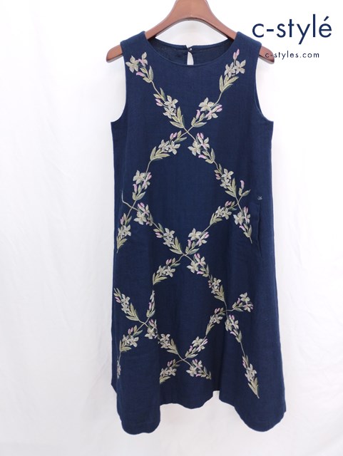 45R フォーティーファイブアール インディゴギマツイード刺繍ワンピース 0 インディゴ コットン 刺繍