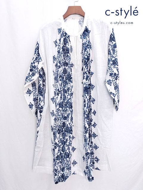 45R フォーティーファイブアール 二重織プリントのギャザードレス 0 ホワイト×インディゴ コットン 藍染