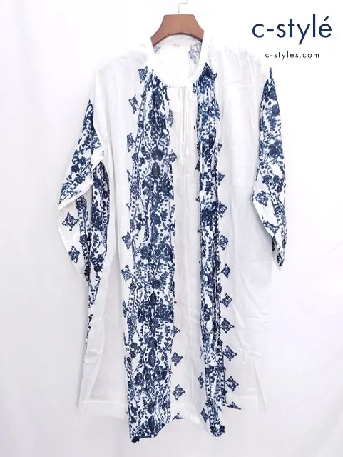 45R フォーティーファイブアール 二重織プリントのギャザードレス 0 ホワイト×インディゴ コットン 藍染