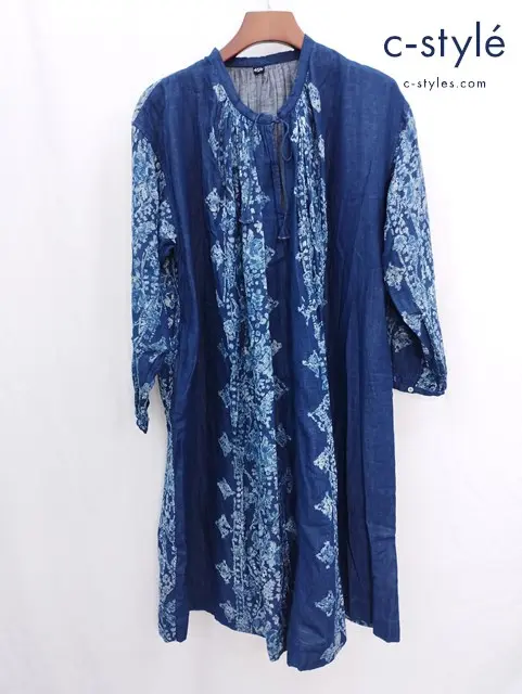 45R フォーティーファイブアール 二重織プリントのギャザードレス 0 インディゴ コットン 藍染 ワンピース