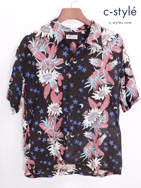SUN SURF サンサーフ アロハシャツ 半袖 星柄 花柄 総柄 XL 17-17 1/2 ブラック SS37838JS 日本製