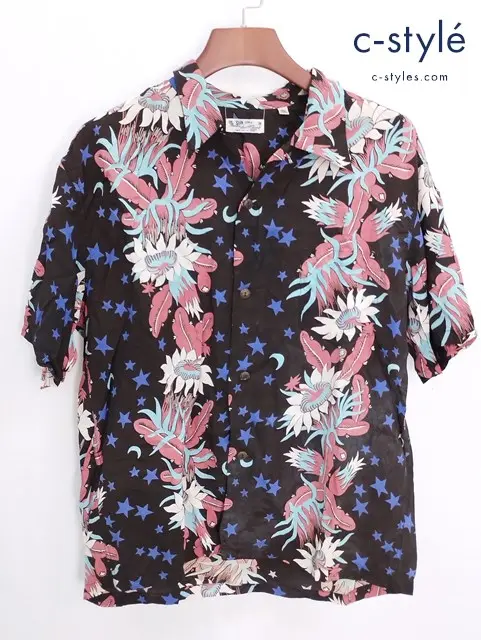 SUN SURF サンサーフ アロハシャツ 半袖 星柄 花柄 総柄 XL 17-17 1/2 ブラック SS37838JS 日本製