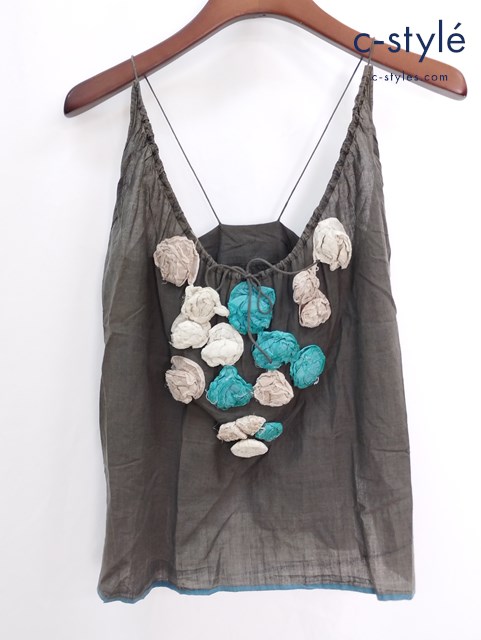 Badou-R バドウアール キャミソール ノースリーブ 花 コサージュ カーキ系 綿100％ レディース