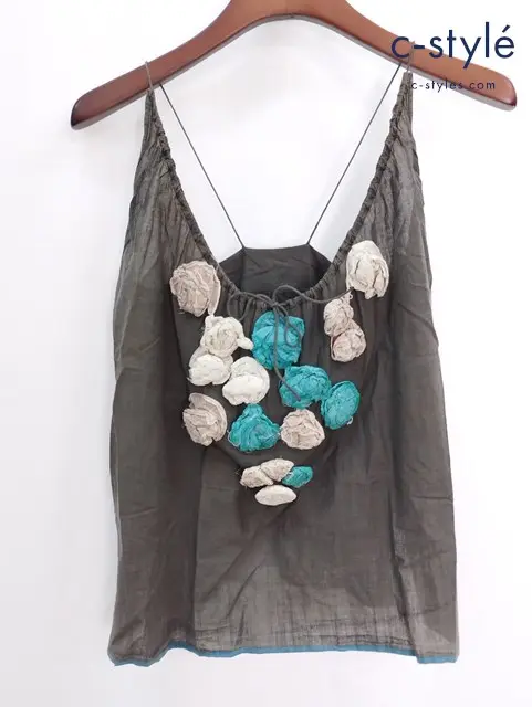 Badou-R バドウアール キャミソール ノースリーブ 花 コサージュ カーキ系 綿100％ レディース