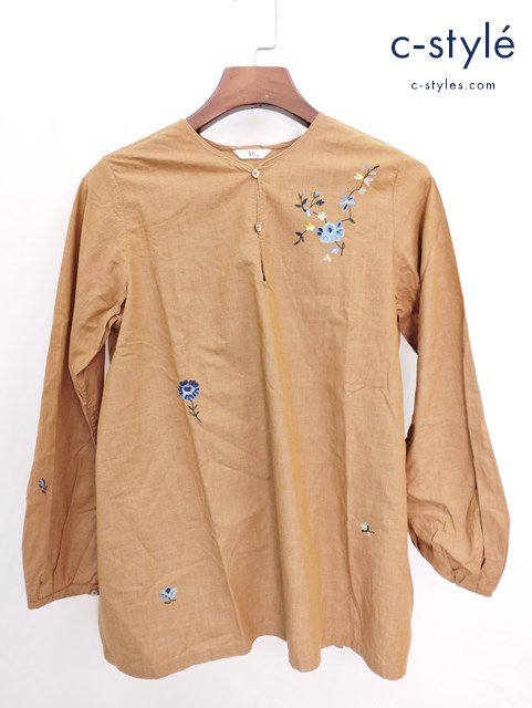 45R フォーティファイブアール ハケ目フラワー刺繍ブラウス 2 茶系 コットン 花 レディース