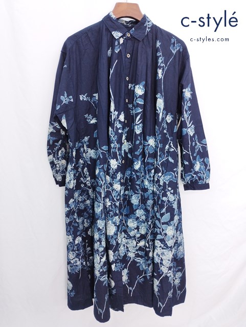 45R フォーティファイブアール お花畑プリントのドレス インディゴ コットン