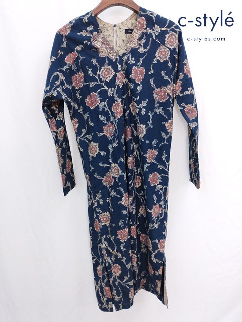 45rpm フォーティーファイブアールピーエム 長袖ワンピース 2 ネイビー系 ボタニカル柄 綿100％ レディース