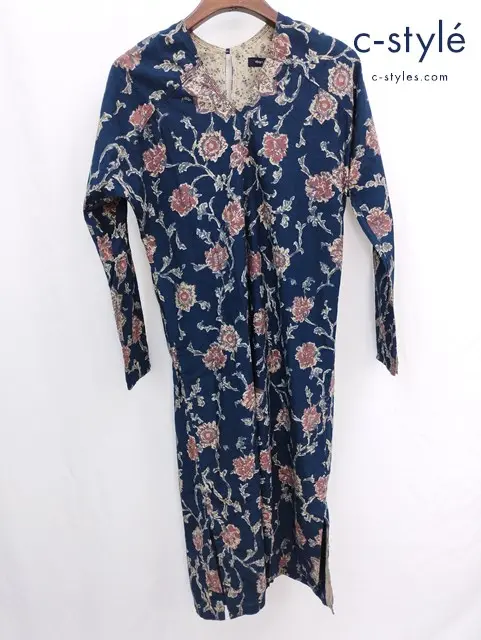 45rpm フォーティーファイブアールピーエム 長袖ワンピース 2 ネイビー系 ボタニカル柄 綿100％ レディース