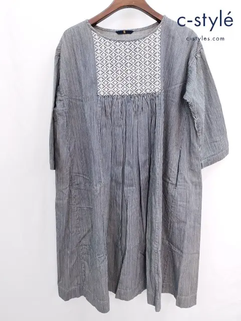 45R フォーティーファイブアール ワンピース 長袖 七分丈 0 ネイビー系 ストライプ柄 8-12-5914 レディース