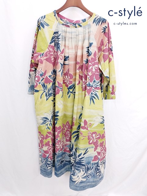 45R フォーティファイブアール アヌエヌエプリントのタックドレス インディゴ ワンピース