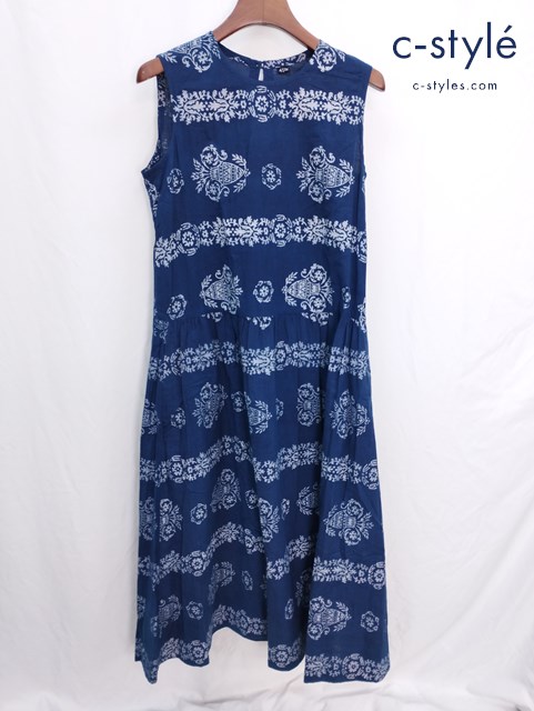 45R フォーティファイブアール 藍インドカディのブロックプリント縞フラワードレス インディゴ