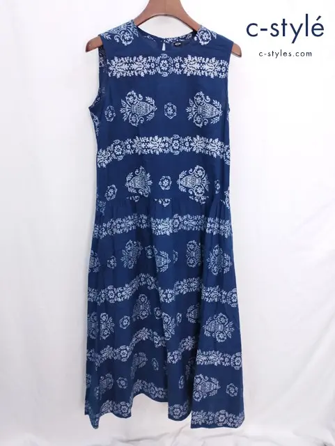 45R フォーティファイブアール 藍インドカディのブロックプリント縞フラワードレス インディゴ