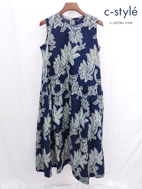 45R フォーティファイブアール 更紗プリントのドレス インディゴ ノースリーブ ワンピース 総柄