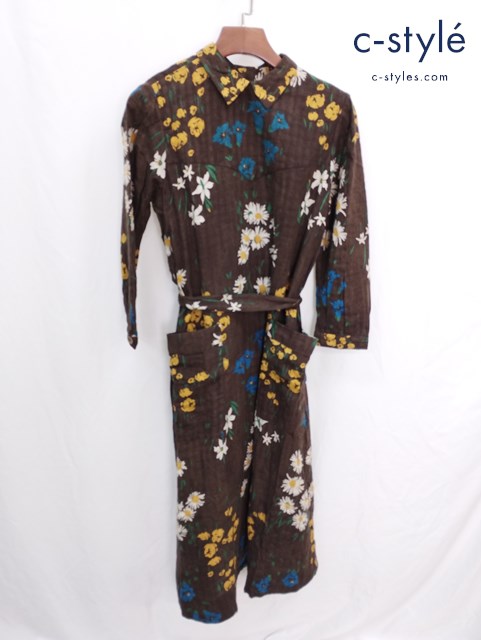 45R フォーティファイブアール 二重織のカントリーフラワードレス 2 ブラウン系 ワンピース 花柄