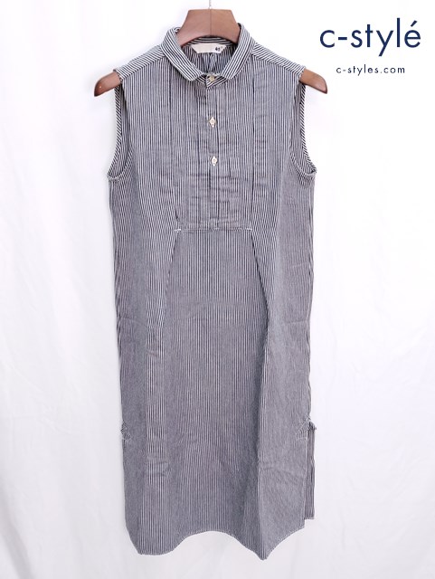 45R フォーティファイブアール ノースリーブワンピース 2 グレー系×ホワイト ストライプ コットンリネン