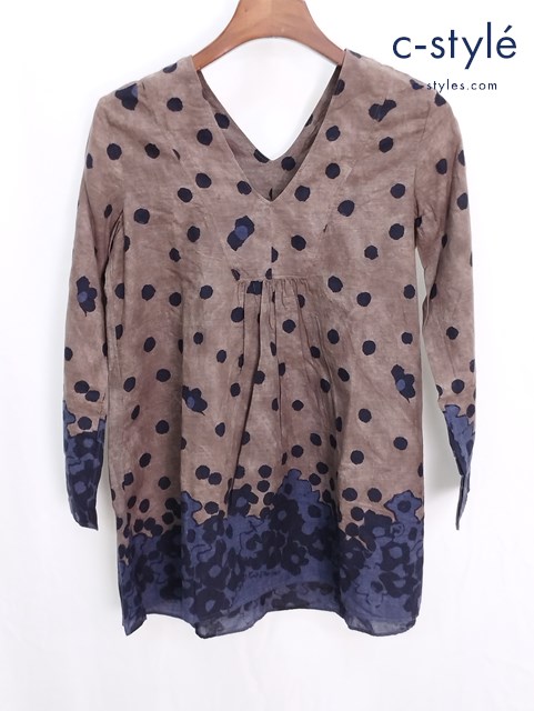 45R フォーティファイブアール ブラウス 1 ベージュ×ネイビー ドット 水玉 花 フラワー コットン