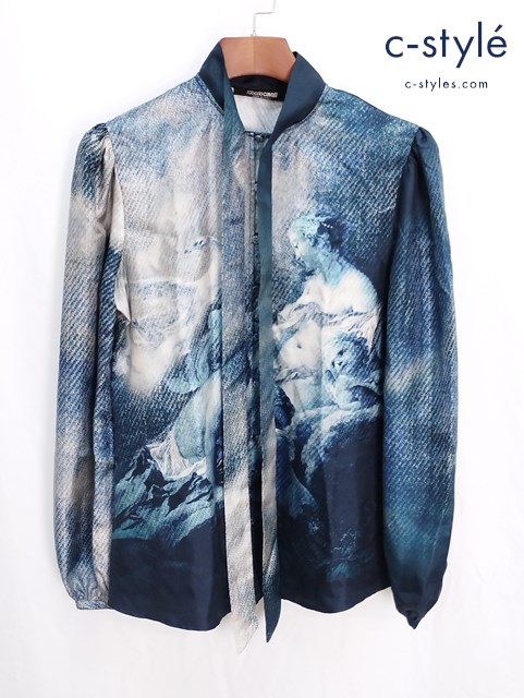 Roberto Cavalli ロヴェルトカヴァリ タイカラーブラウス 38 ブルー系 絹 長袖 イタリア製 レディース