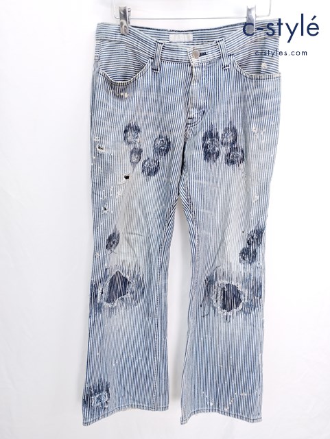 NUMBER (N)INE ナンバーナイン ダメージ加工ヒッコリーパンツ 0 ホワイト×ブルー系 ジッパーフライ 日本製