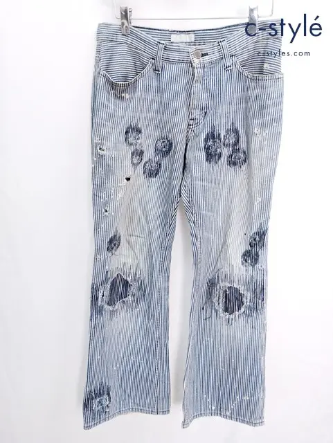 NUMBER (N)INE ナンバーナイン ダメージ加工ヒッコリーパンツ 0 ホワイト×ブルー系 ジッパーフライ 日本製