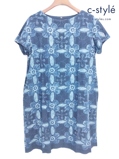 45R フォーティーファイブアール 藍染ワンピース 0 インディゴ フラワー 半袖 コットン