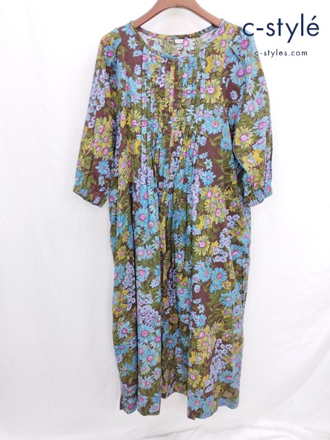 45R フォーティーファイブアール ヒッコリー風呂敷のプリントドレス 0 グリーン系 コットン 花 ワンピース