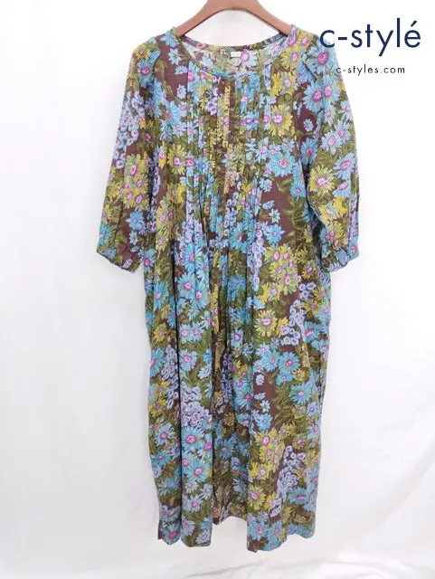 45R フォーティーファイブアール ヒッコリー風呂敷のプリントドレス 0 グリーン系 コットン 花 ワンピース