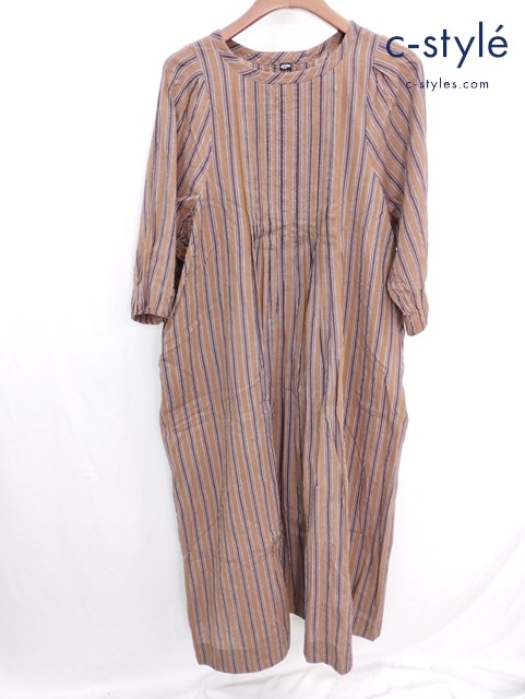 45R フォーティーファイブアール 秋風カディのドレス FREE ブラウン ストライプワンピース コットン