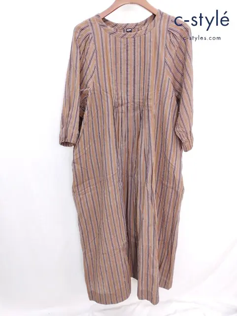 45R フォーティーファイブアール 秋風カディのドレス FREE ブラウン ストライプワンピース コットン