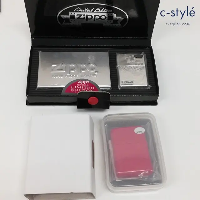 ZIPPO ジッポー LIMITED EDITION ライター&カード入れセット シルバー ’95年 革巻き レッド 計2点