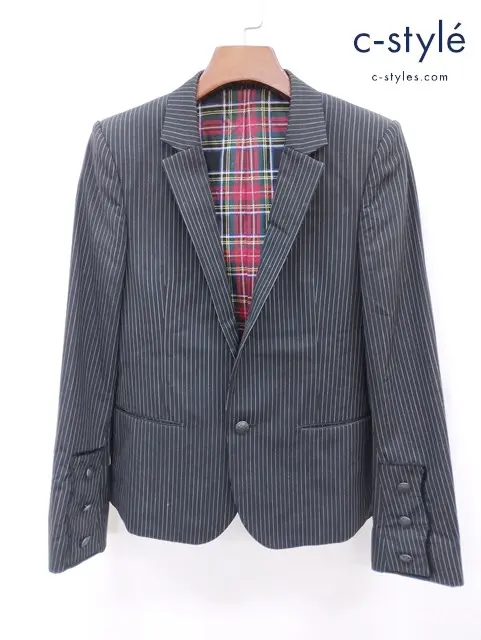 NUMBER (N)INE ナンバーナイン テーラードジャケット 2 ブラック ストライプ柄 裏地 マルチカラー チェック柄