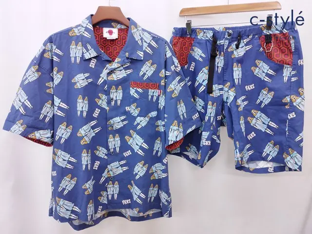 PUNK DRUNKERS パンクドランカーズ 双子総柄シャツ ハーフパンツ XL ブルー系 コットン