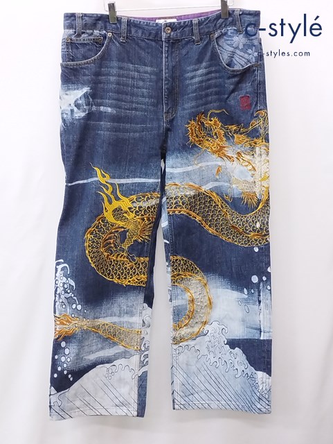 絡繰魂 からくりだましい デニムパンツ 100 インディゴ 和柄 金色龍刺繍 M223635