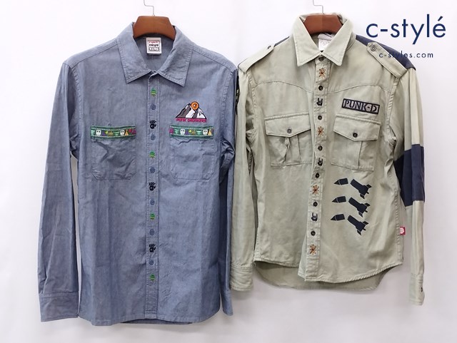 PUNK DRUNKERS パンクドランカーズ シャンブレーシャツ ミリタリーシャツ L ブルー カーキ ワッペン 刺繍