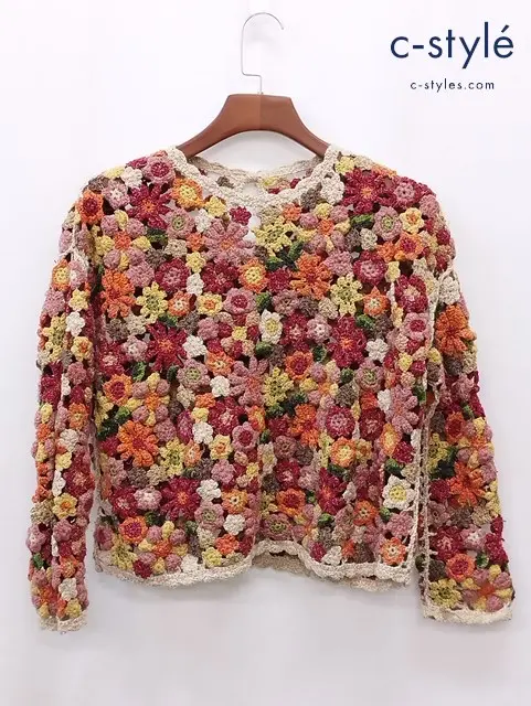 45R フォーティーファイブアール 手編みかぎ針フラワーのTシャツ フリー オレンジ系