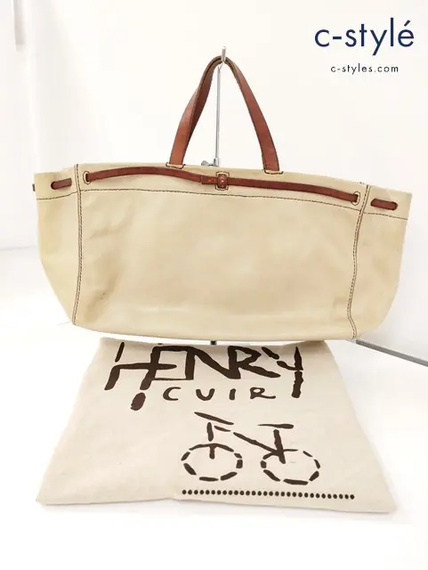 Henri cuir アンリークイール トートバッグ 手提げかばん クリーム系×ブラウン レザー 収納袋付き