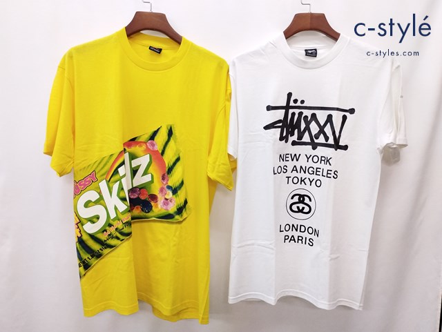 STUSSY ステューシー Tシャツ M XL ホワイト イエロー SKILLZ WORD TOUR