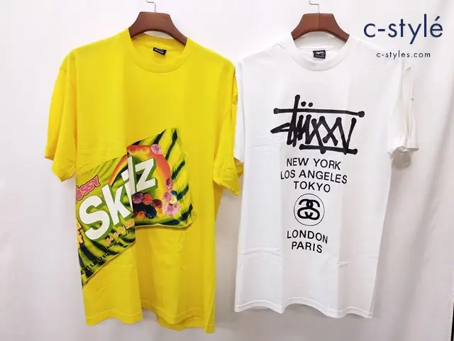 STUSSY ステューシー Tシャツ M XL ホワイト イエロー SKILLZ WORD TOUR