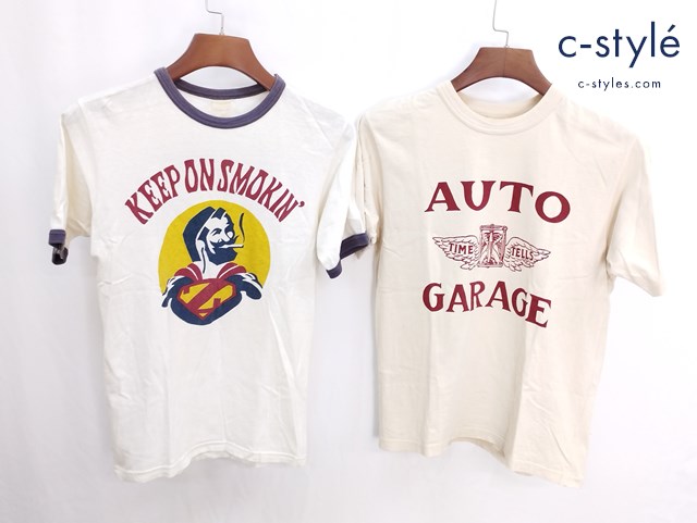 FREEWHEELERS フリーホイーラーズ Tシャツ KEEP ON SMOKIN’ホワイト AUTO GARAGE ベージュ 半袖