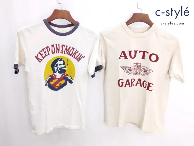 FREEWHEELERS フリーホイーラーズ Tシャツ KEEP ON SMOKIN’ホワイト AUTO GARAGE ベージュ 半袖