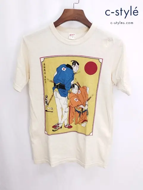 POWER WEAR パワーウェア 怒雄歩 Tシャツ S ベージュ系 半袖 浮世絵 / FREEWHEELERS フリーホイーラーズ