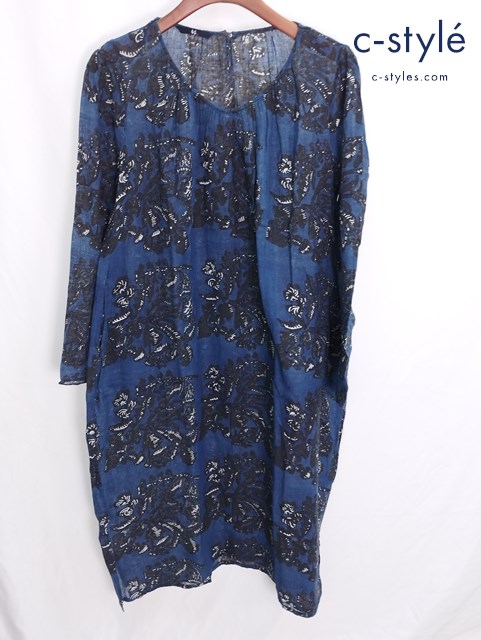 45R フォーティーファイブアール ワンピース インディゴ カディ 七草藍 ブロック プリント 染め レディース