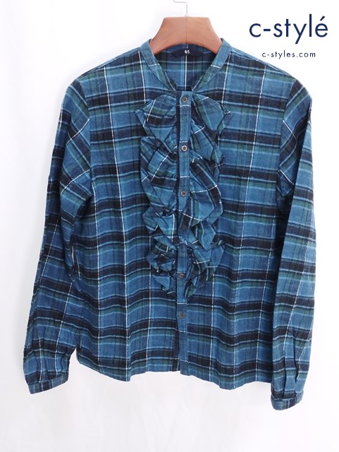 45R フォーティーファイブアール フリルシャツ 長袖 SIZE-2 ブルー系 チェック柄 8093044 レディース