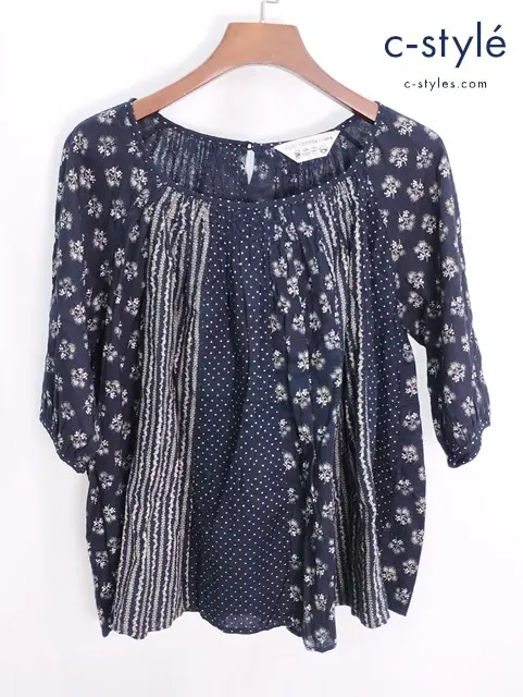 45rpm インディゴパッチワークブラウス 2 ネイビー系 総柄 チュニック カットソー 日本製 レディース