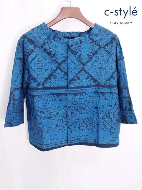 45R フォーティーファイブアール ブラウス シャツ 2 ブルー 総柄 COTTON100％ 日本製 レディース