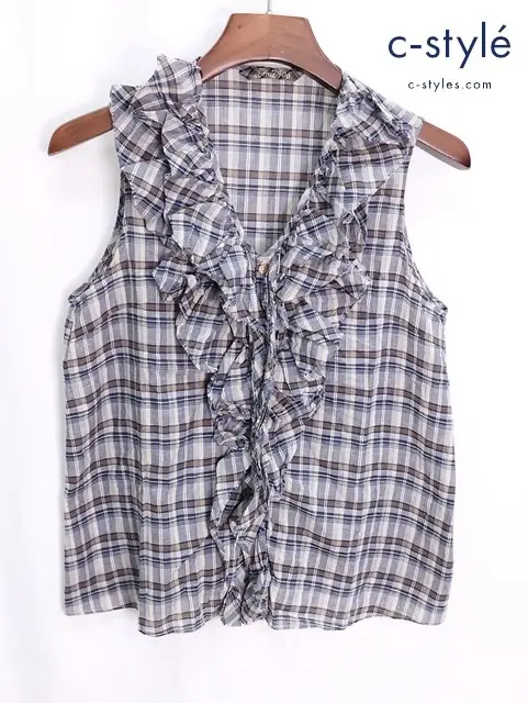 Umii908 ウミキューゼロハチ ノースリーブ フリルブラウス 2 グレー チェック柄 綿100％ レディース