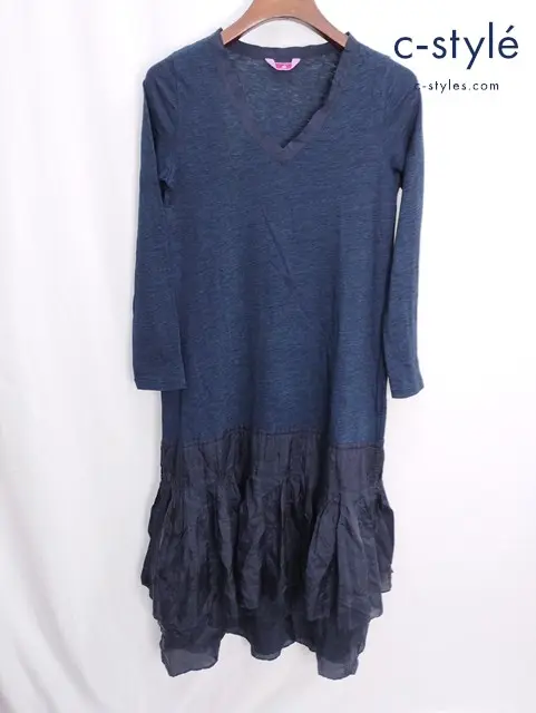 45R フォーティーファイブアール フリルワンピース Vネック 1 ネイビー×ブラック 日本製 レディース